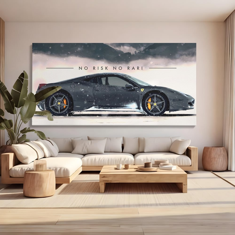 Tablou canvas cu tablou canvas cu masina ferrari pe zapada, fara rama, pe sasiu de lemn, pe perete intr-un living